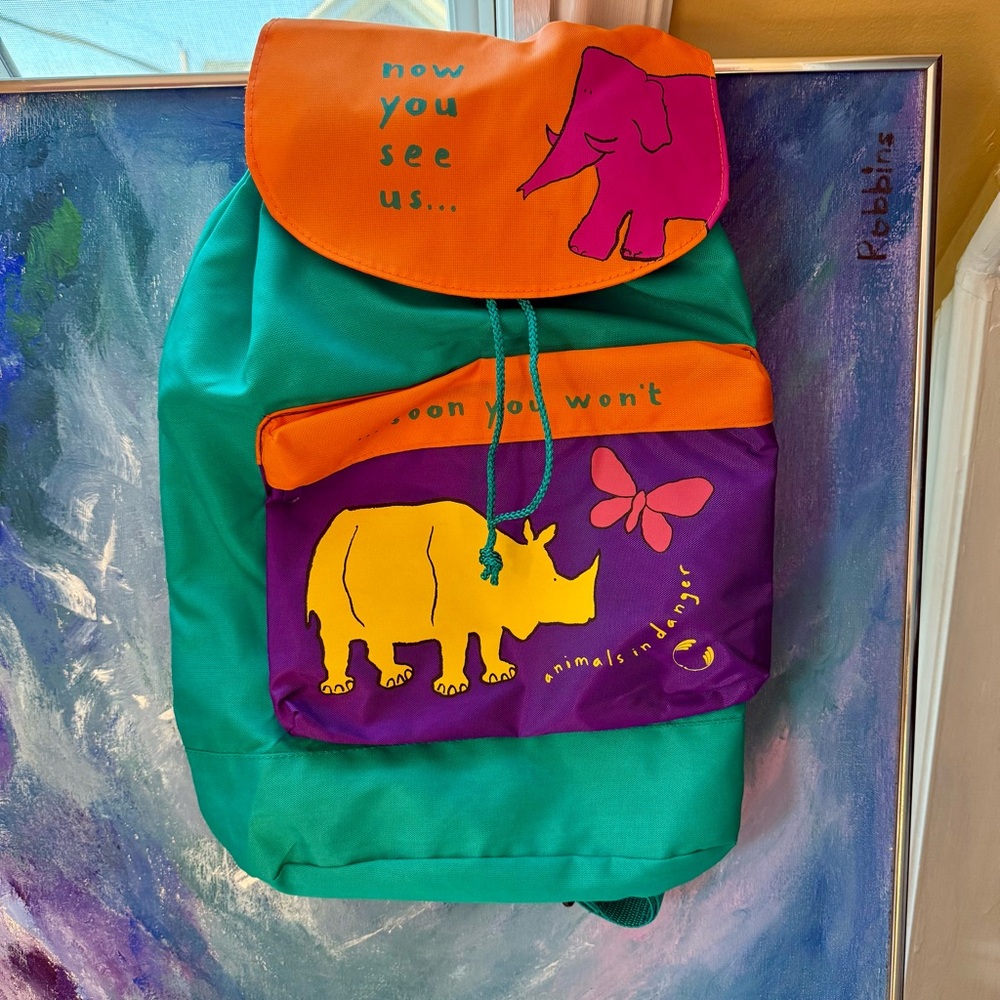 The Body Shop 90s Animals in Danger Backpack Drawstring Bag Rhino Elephant - Picture 5 of 15